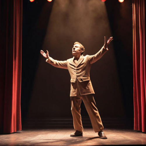 Home 4 **A charismatic actor on a theatre stage, bathed in dramatic lighting, captivating the audience with a powerful performance.** (Focus: Theatre, performance, dramatic)