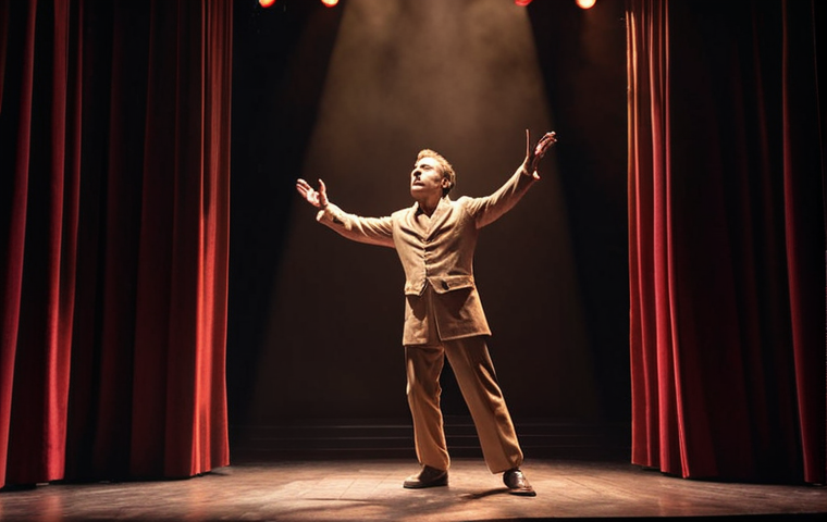 **A charismatic actor on a theatre stage, bathed in dramatic lighting, captivating the audience with a powerful performance.** (Focus: Theatre, performance, dramatic)