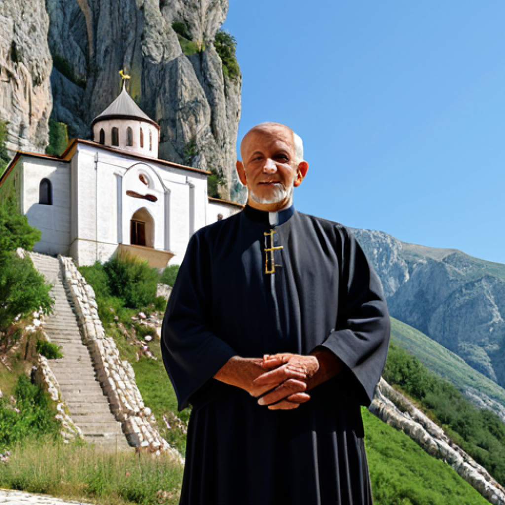 A serene pilgrim in simple, traditional, modest attire, fully clothed, standing humbly before the magnificent Ostrog Monastery, dramatically carved into a sheer cliff face in Montenegro. The monastery is bathed in soft daylight, surrounded by rugged mountain peaks and a clear sky. From a slightly low angle, emphasizing the grandeur of the monastery above. Perfect anatomy, correct proportions, natural pose, well-formed hands, proper finger count, professional photography, highly detailed, realistic, calm atmosphere, safe for work, appropriate content, family-friendly, modest clothing.