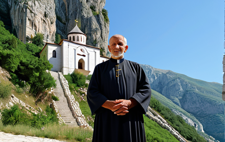 A serene pilgrim in simple, traditional, modest attire, fully clothed, standing humbly before the magnificent Ostrog Monastery, dramatically carved into a sheer cliff face in Montenegro. The monastery is bathed in soft daylight, surrounded by rugged mountain peaks and a clear sky. From a slightly low angle, emphasizing the grandeur of the monastery above. Perfect anatomy, correct proportions, natural pose, well-formed hands, proper finger count, professional photography, highly detailed, realistic, calm atmosphere, safe for work, appropriate content, family-friendly, modest clothing.