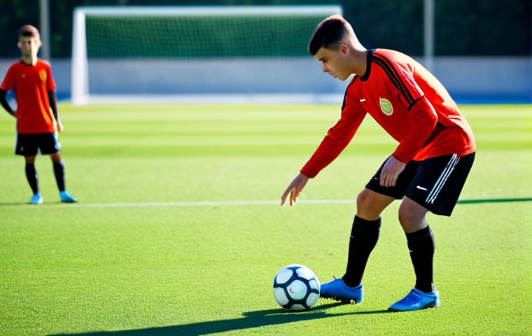 몬테네그로 출신 축구 선수 - "A determined young Montenegrin soccer player in full training gear, practicing drills on a modern, ...