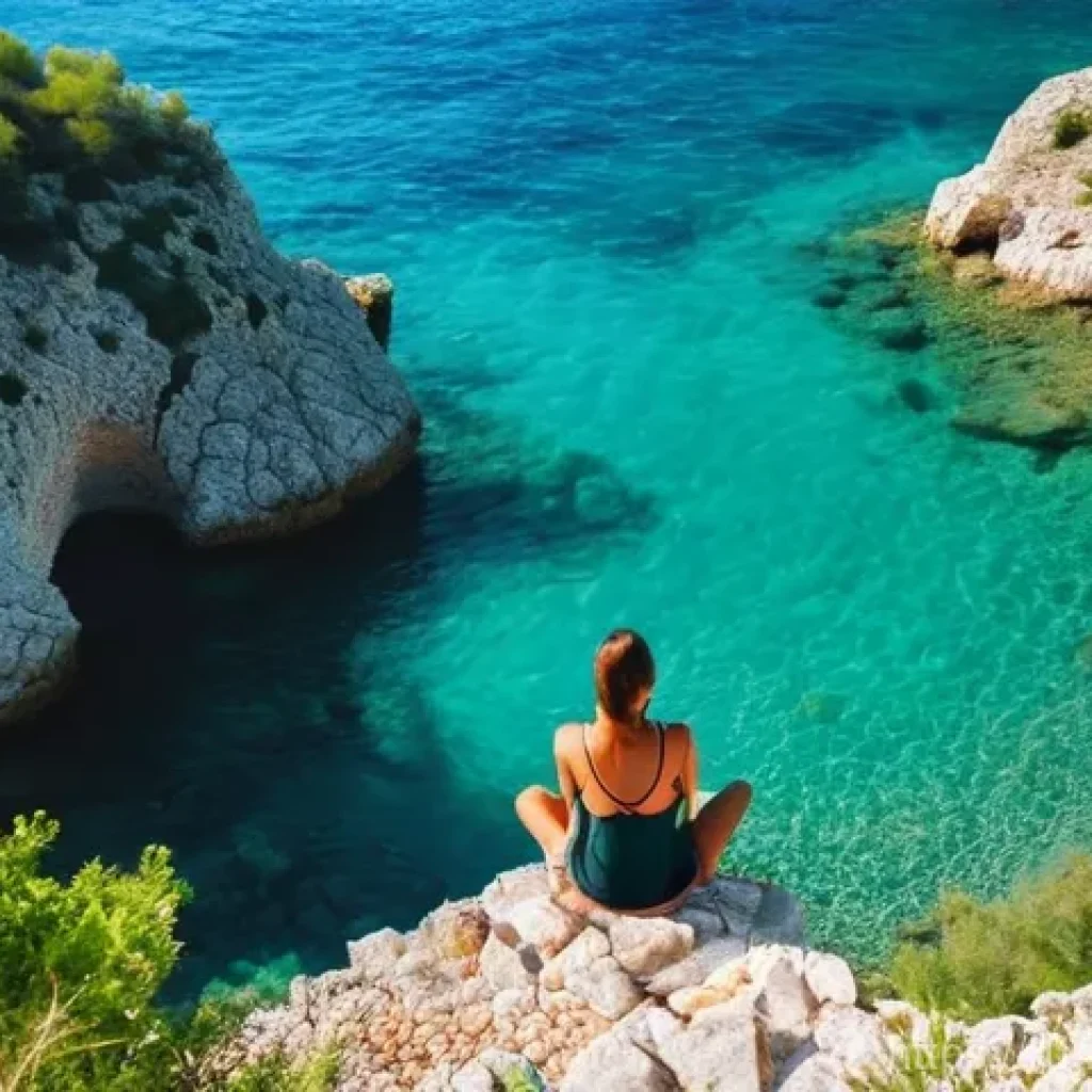 부드바 해변 - **Prompt:** A serene and picturesque hidden cove in Budva, Montenegro, discovered after a short hike...