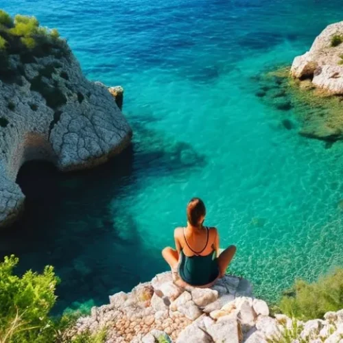 부드바 해변 - **Prompt:** A serene and picturesque hidden cove in Budva, Montenegro, discovered after a short hike...