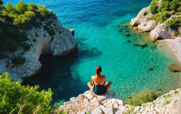 부드바 해변 - **Prompt:** A serene and picturesque hidden cove in Budva, Montenegro, discovered after a short hike...