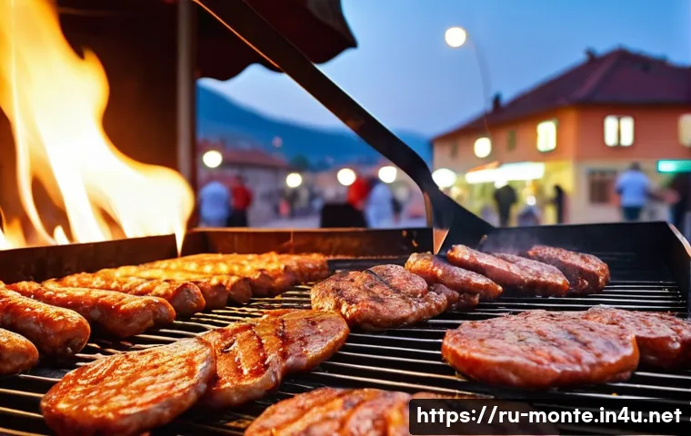 몬테네그로 길거리 음식 문화 - **Prompt for Grilled Meats:**
"A vibrant, close-up shot of a traditional Montenegrin street food...